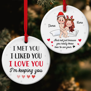 Personalized couple Christmas ornament featuring a cute design with names James and Luna