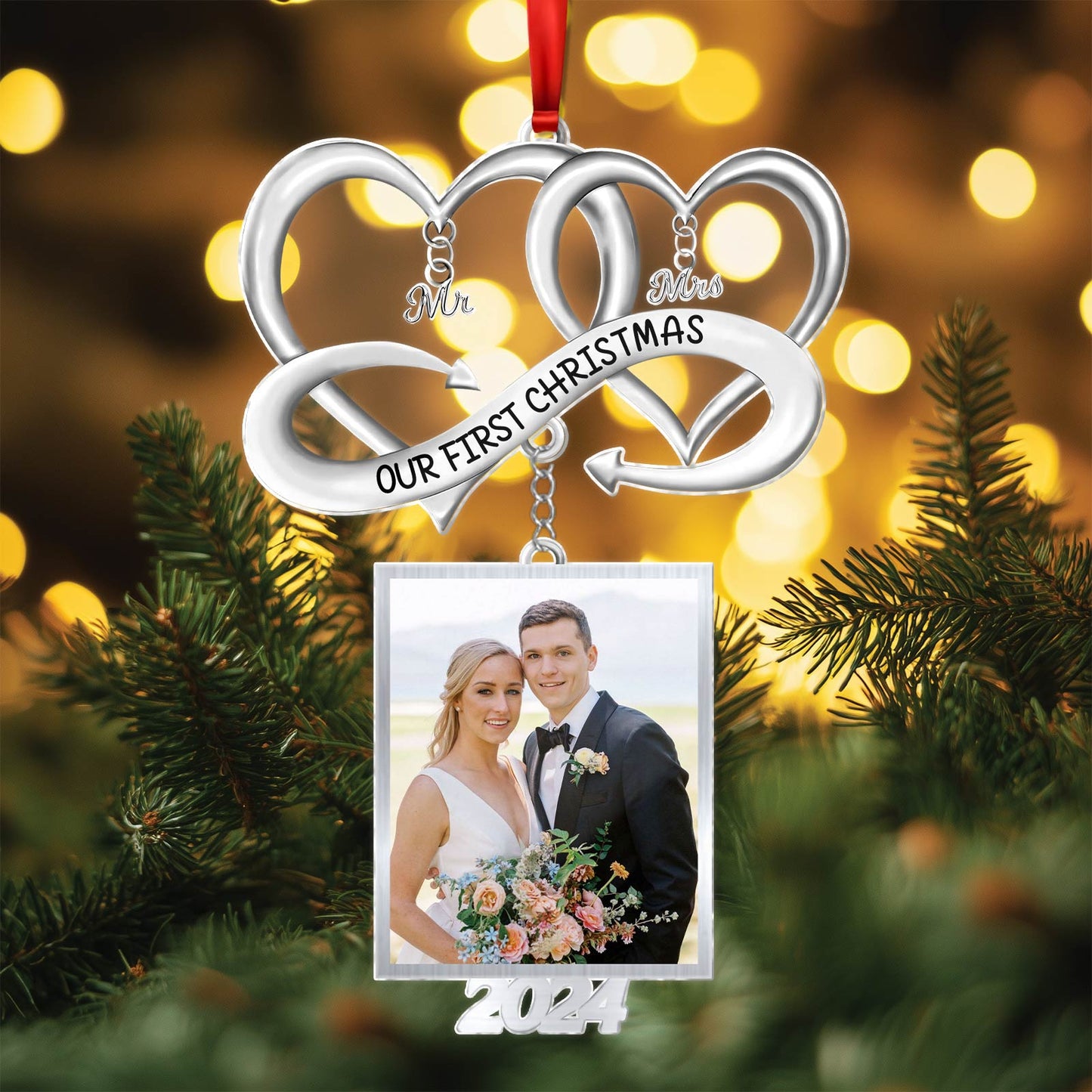 Personalized couple Christmas ornament with photo frame and Our First Christmas 2024 text
