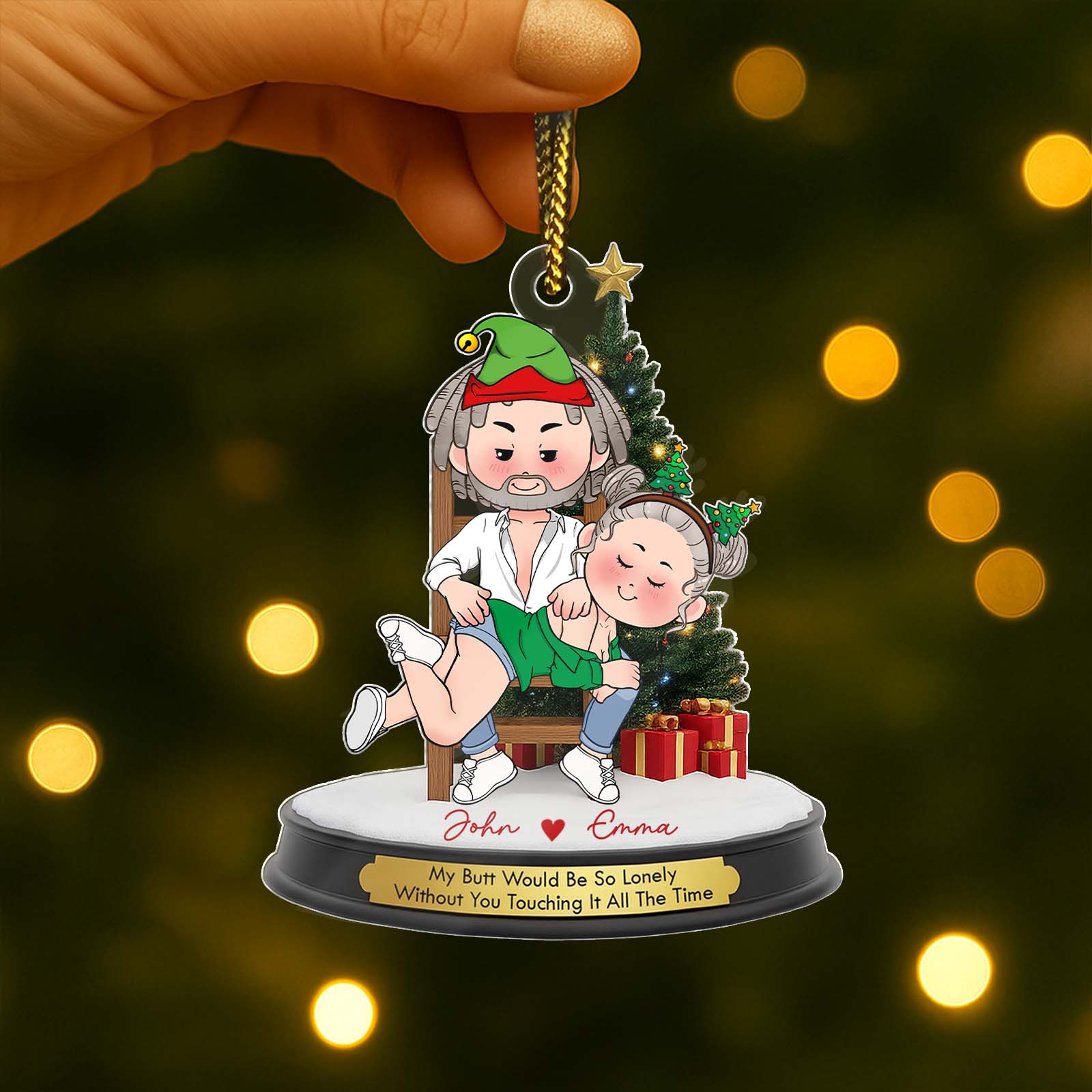 Personalized couple Christmas ornament featuring playful design and festive colors for holiday decorations