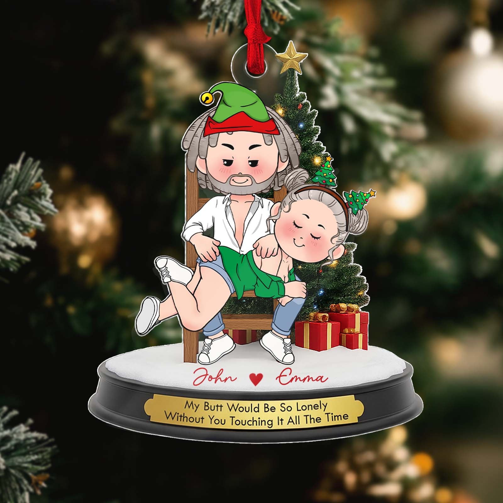 Personalized couple Christmas ornament featuring playful cartoon characters with festive decorations