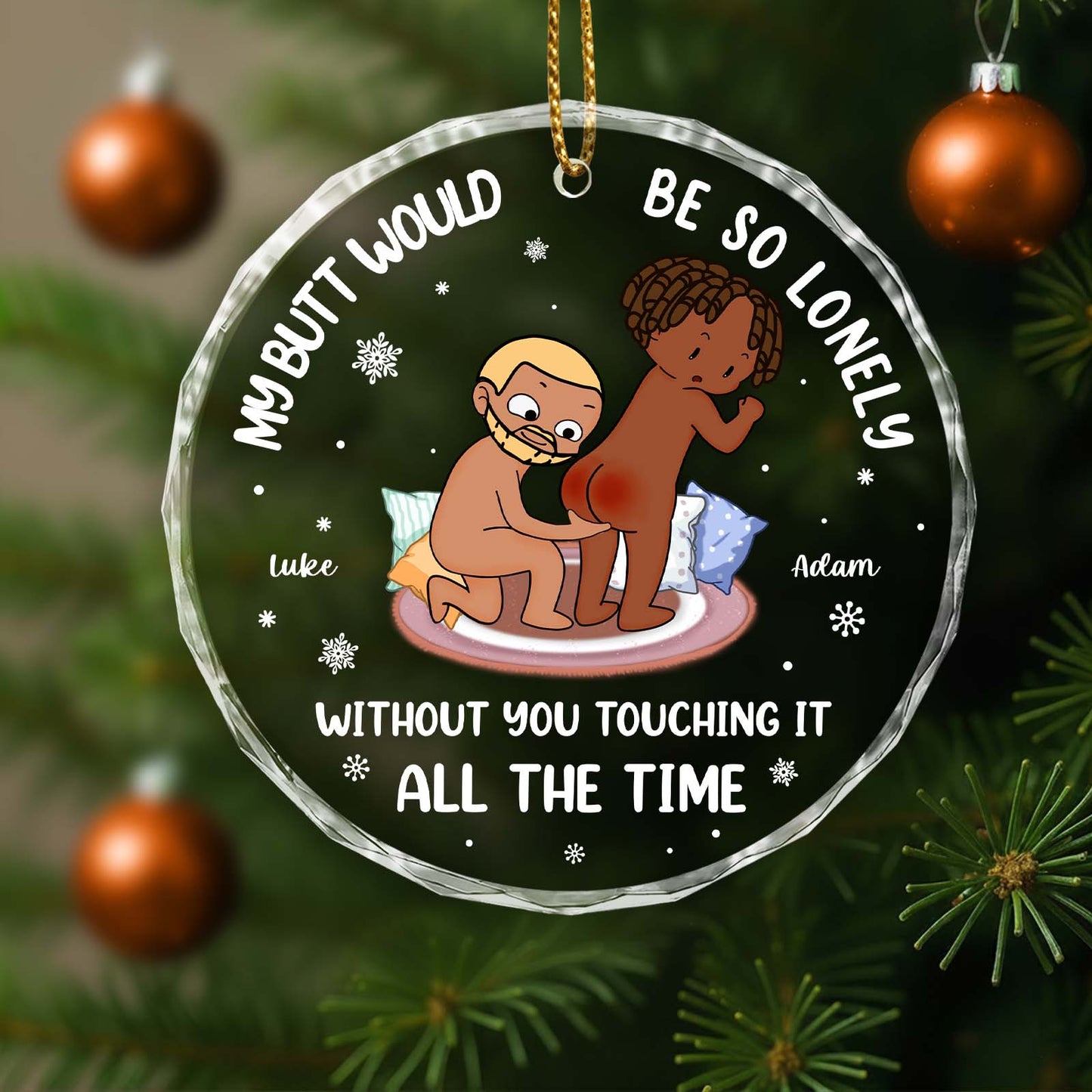 Personalized couple Christmas ornament featuring playful cartoon design with names Luke and Adam