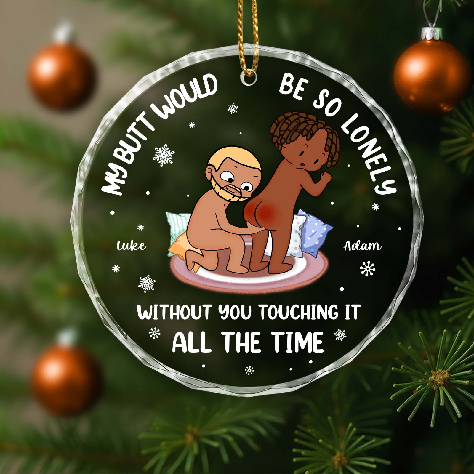 Personalized couple Christmas ornament featuring playful cartoon design with names Luke and Adam
