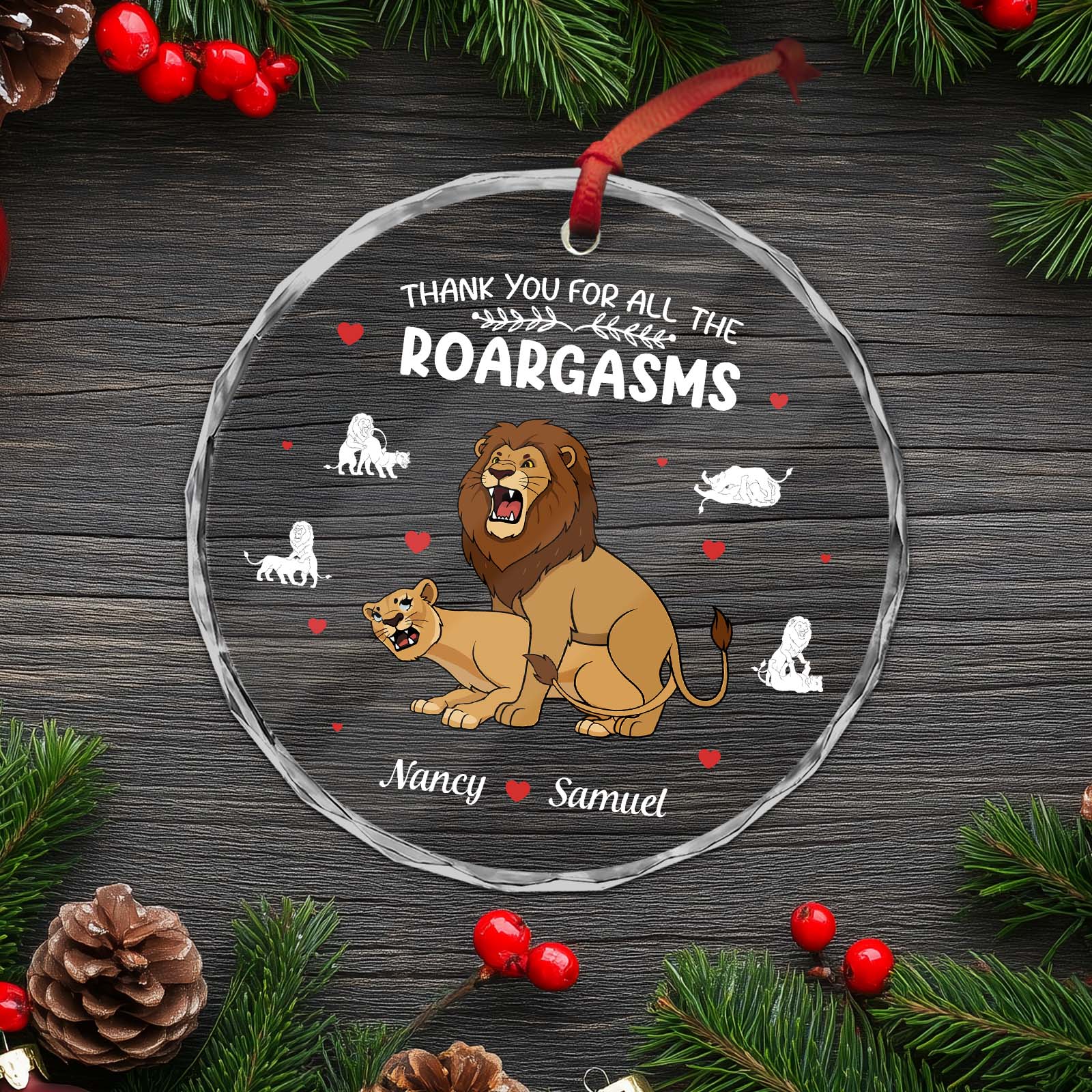 Personalized couple Christmas ornament featuring lions and hearts for a fun holiday gift