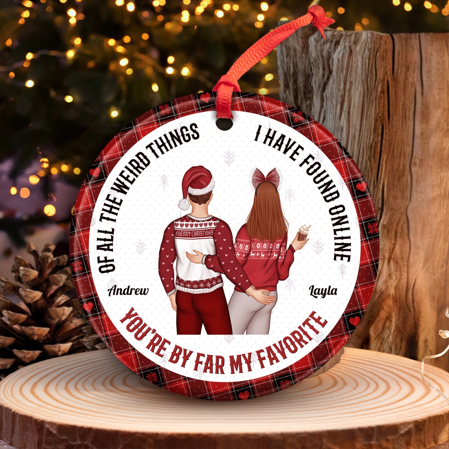 365Gifty personalized couple Christmas ornament with couple illustration and custom names Andrew and Layla