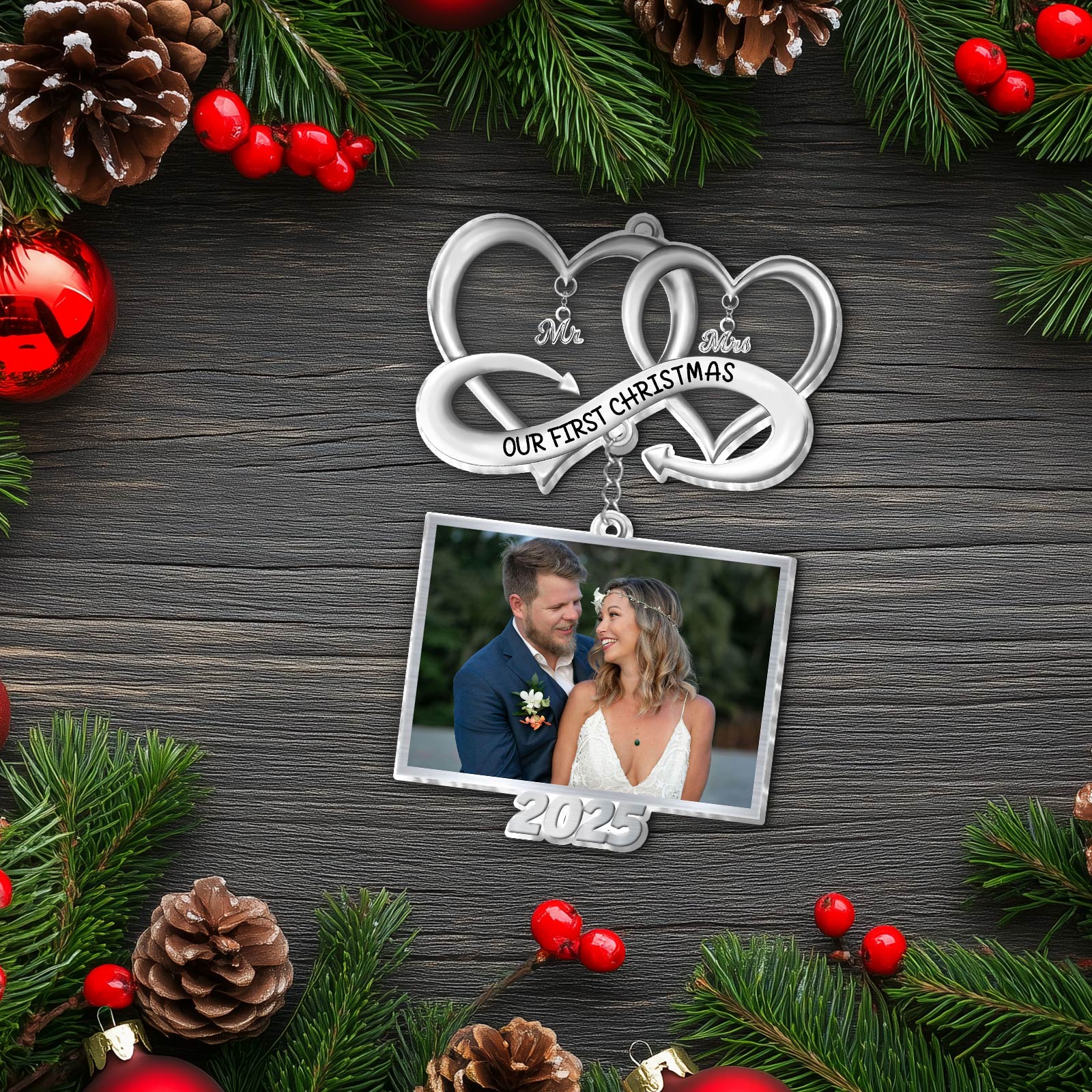 Personalized couple Christmas ornament featuring a photo frame for special memories
