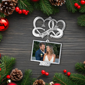 Personalized couple Christmas ornament featuring a photo frame for special memories