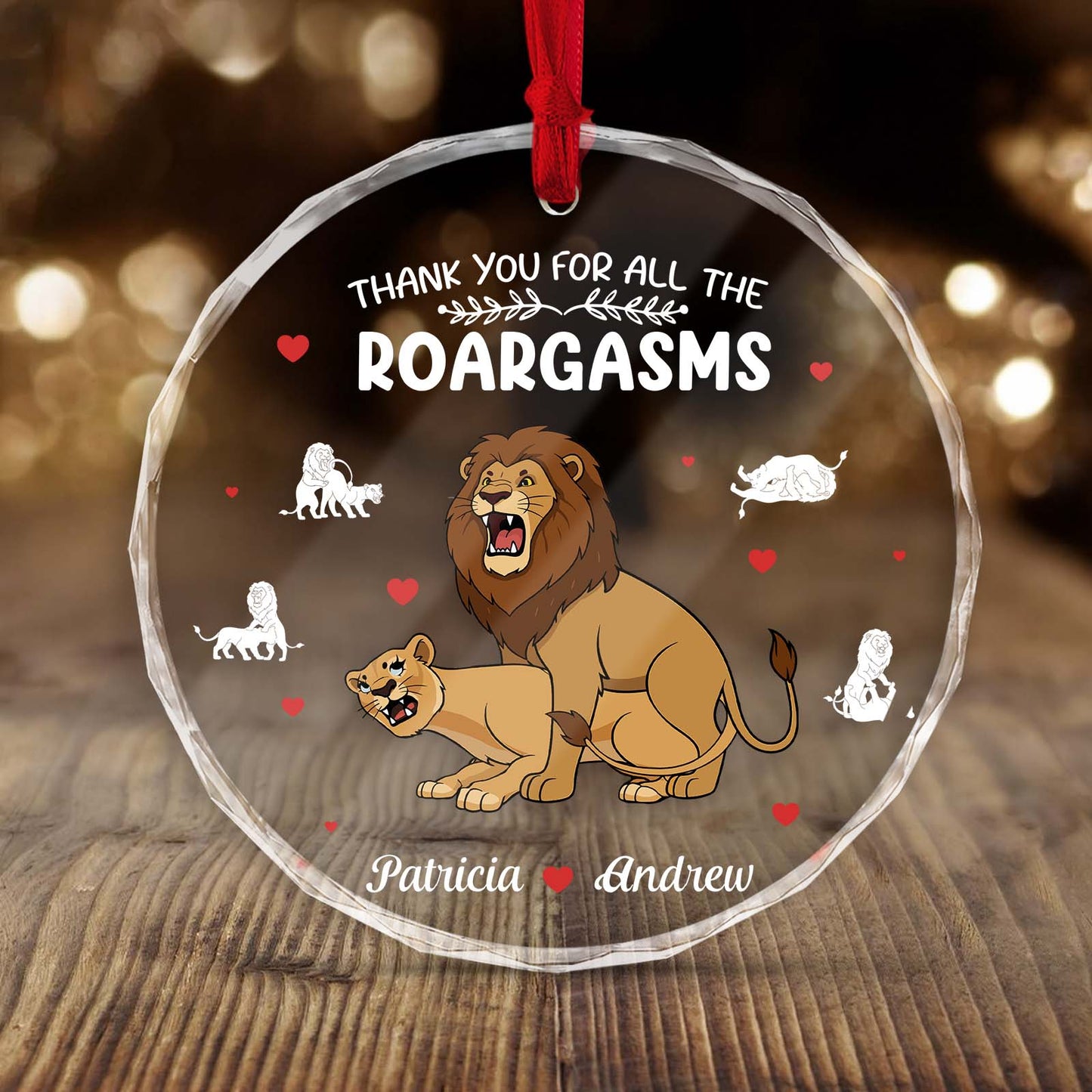 Personalized couple Christmas ornament featuring a lion and lioness with names Patricia and Andrew