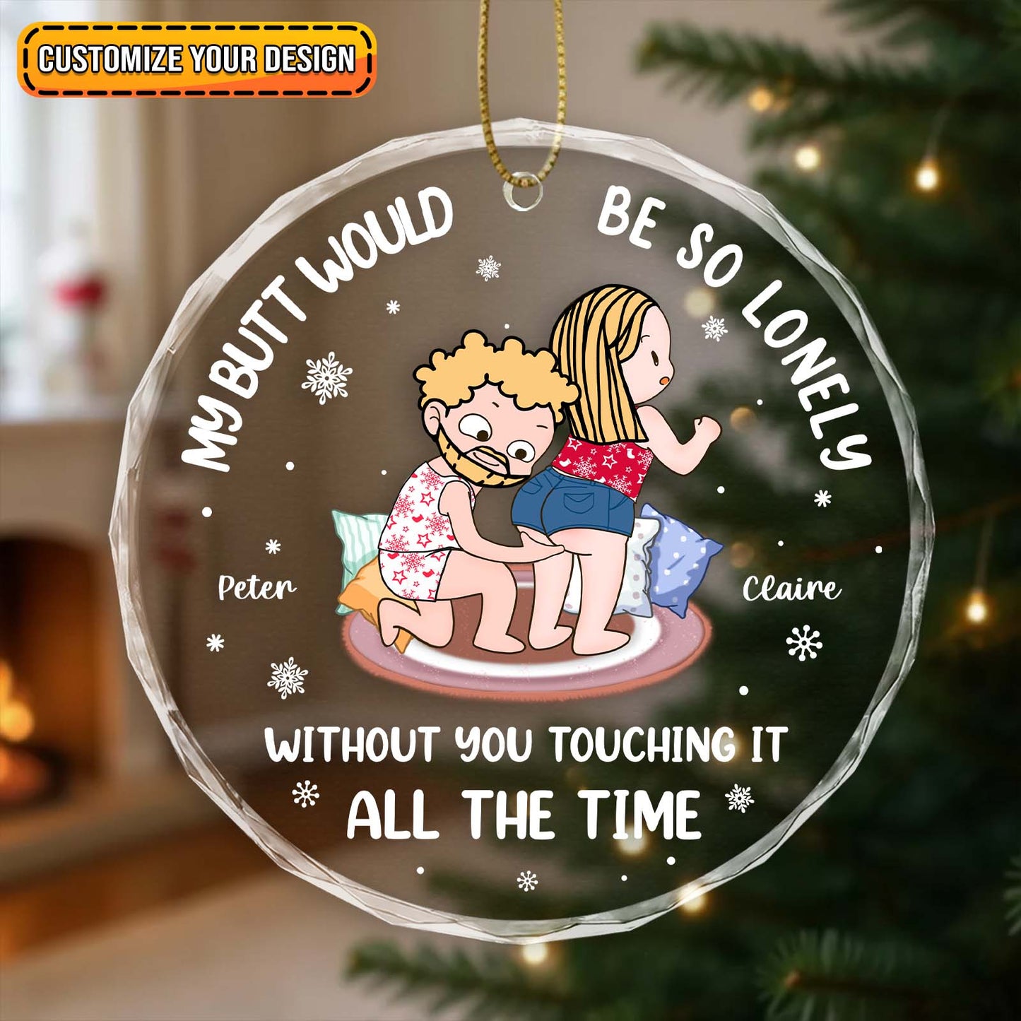 Personalized couple Christmas ornament featuring a fun design and customizable names Peter and Claire