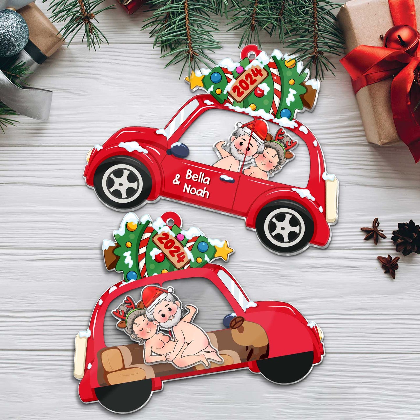 365Gifty personalized couple Christmas ornament featuring a red car with a Christmas tree and names Bella and Noah