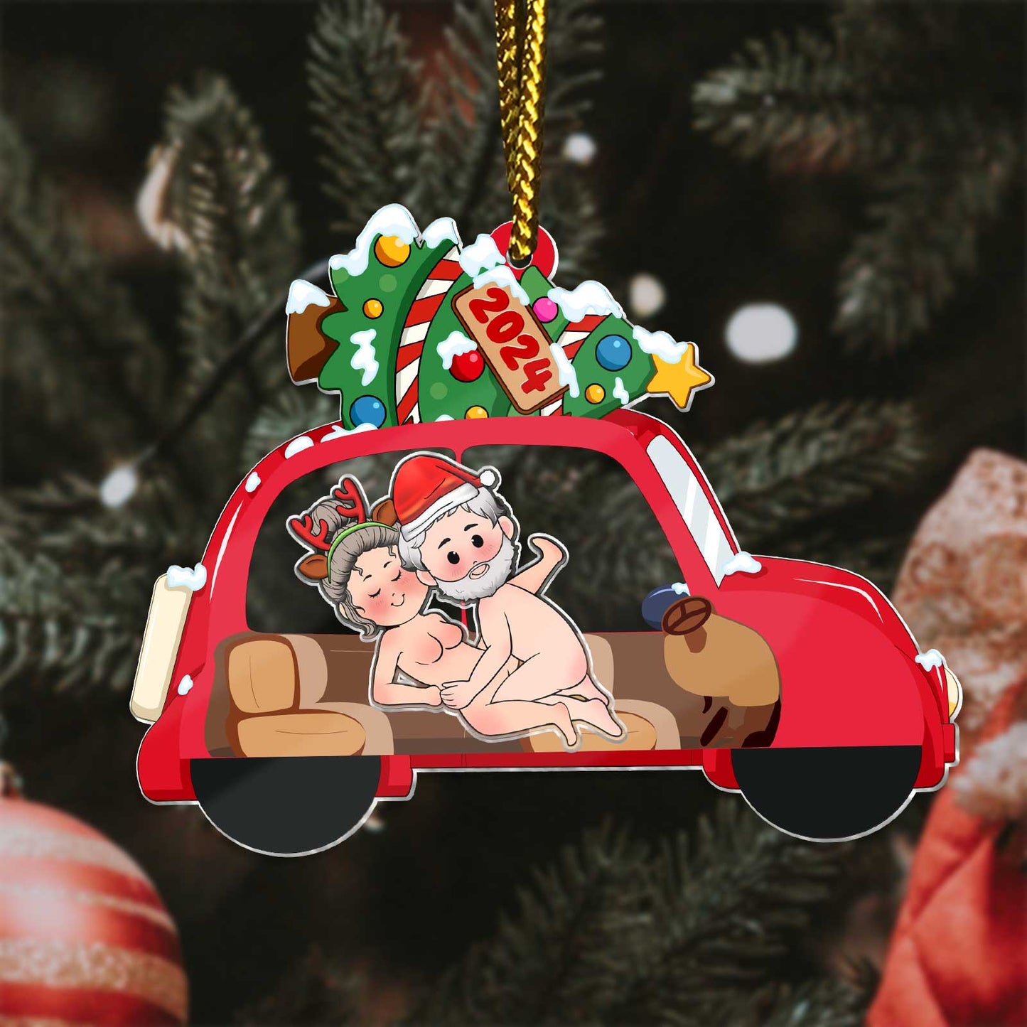 Personalized couple Christmas ornament featuring a cartoon couple in a red car with holiday decorations and 2024 tag