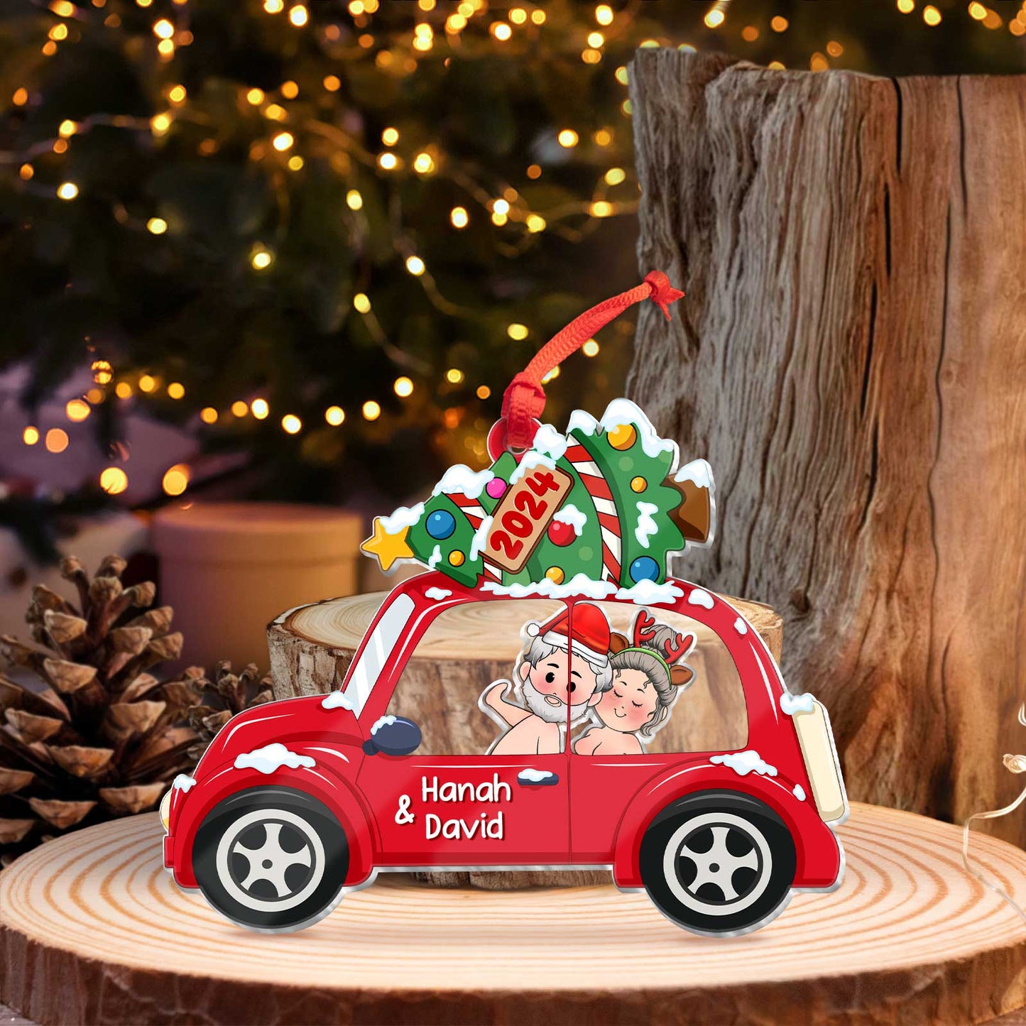365Gifty personalized couple Christmas ornament red car with holiday decorations and names Hanah and David