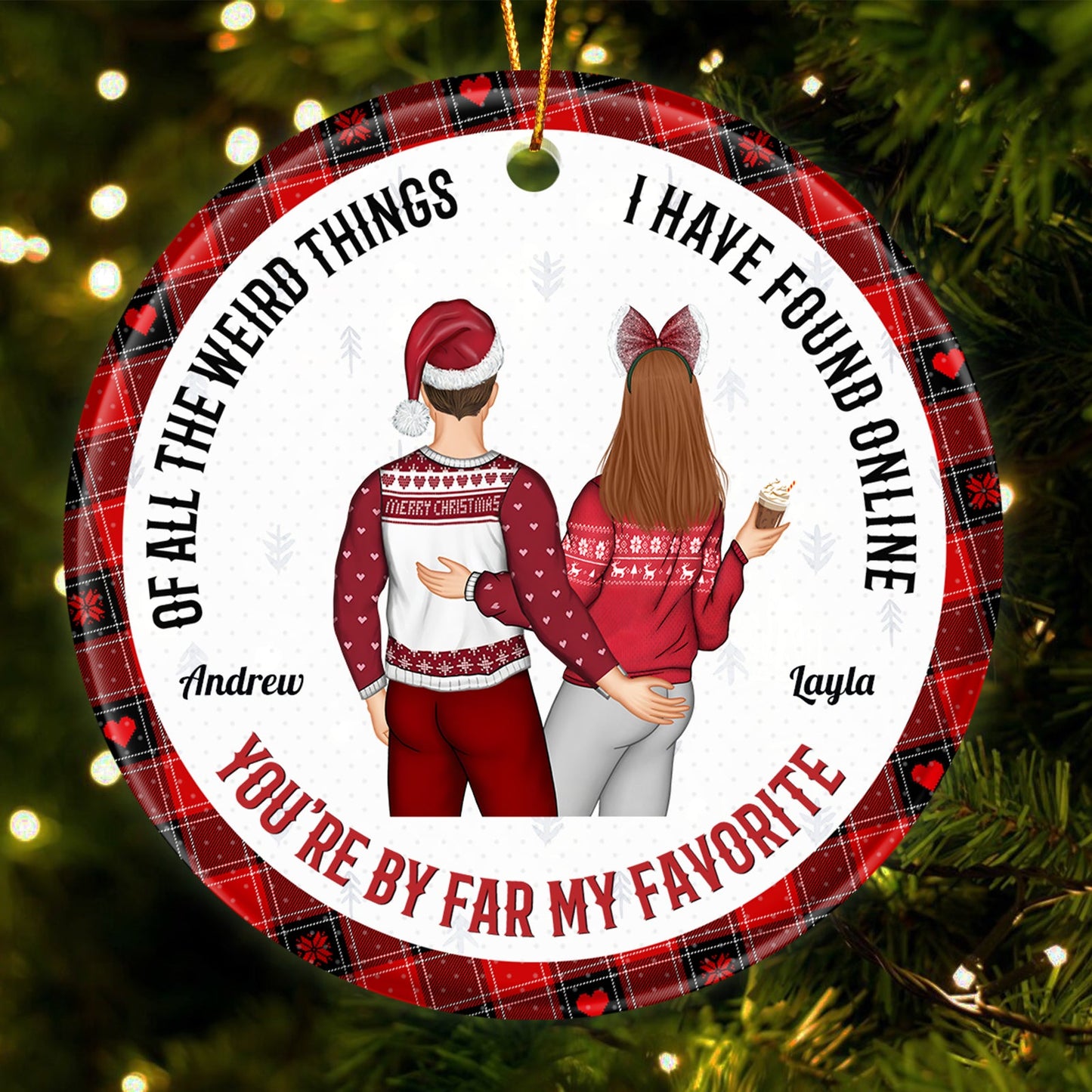 Personalized couple Christmas ornament with a couple in holiday sweaters and names Andrew and Layla