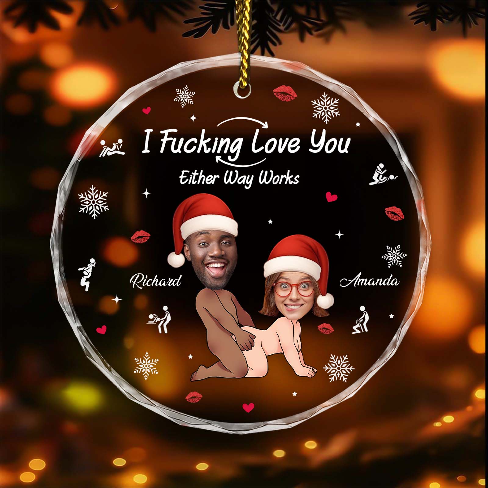 Personalized couple Christmas ornament featuring custom caricatures with festive hats and heartfelt message