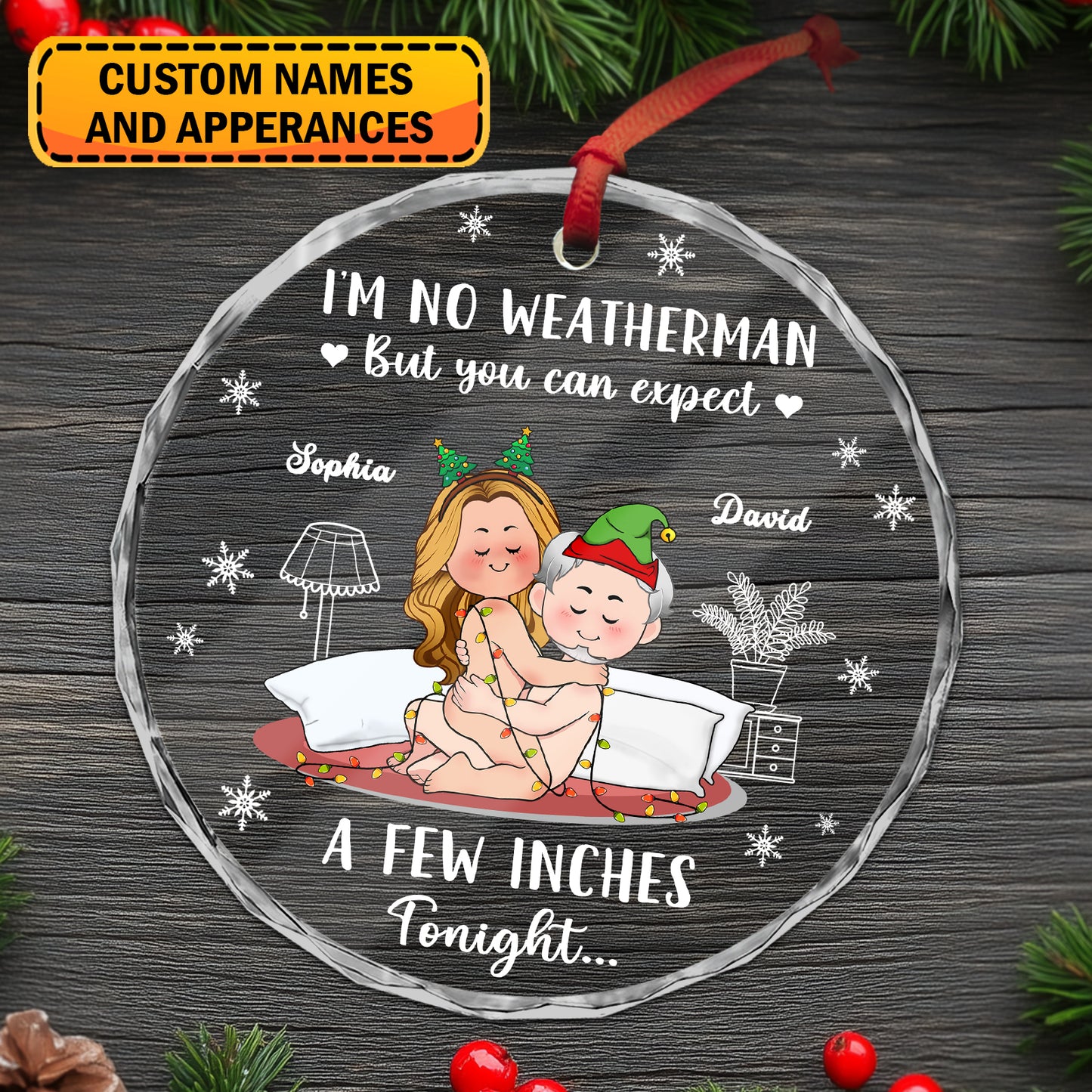 Personalized couple Christmas ornament featuring a cozy couple with festive decorations and custom names