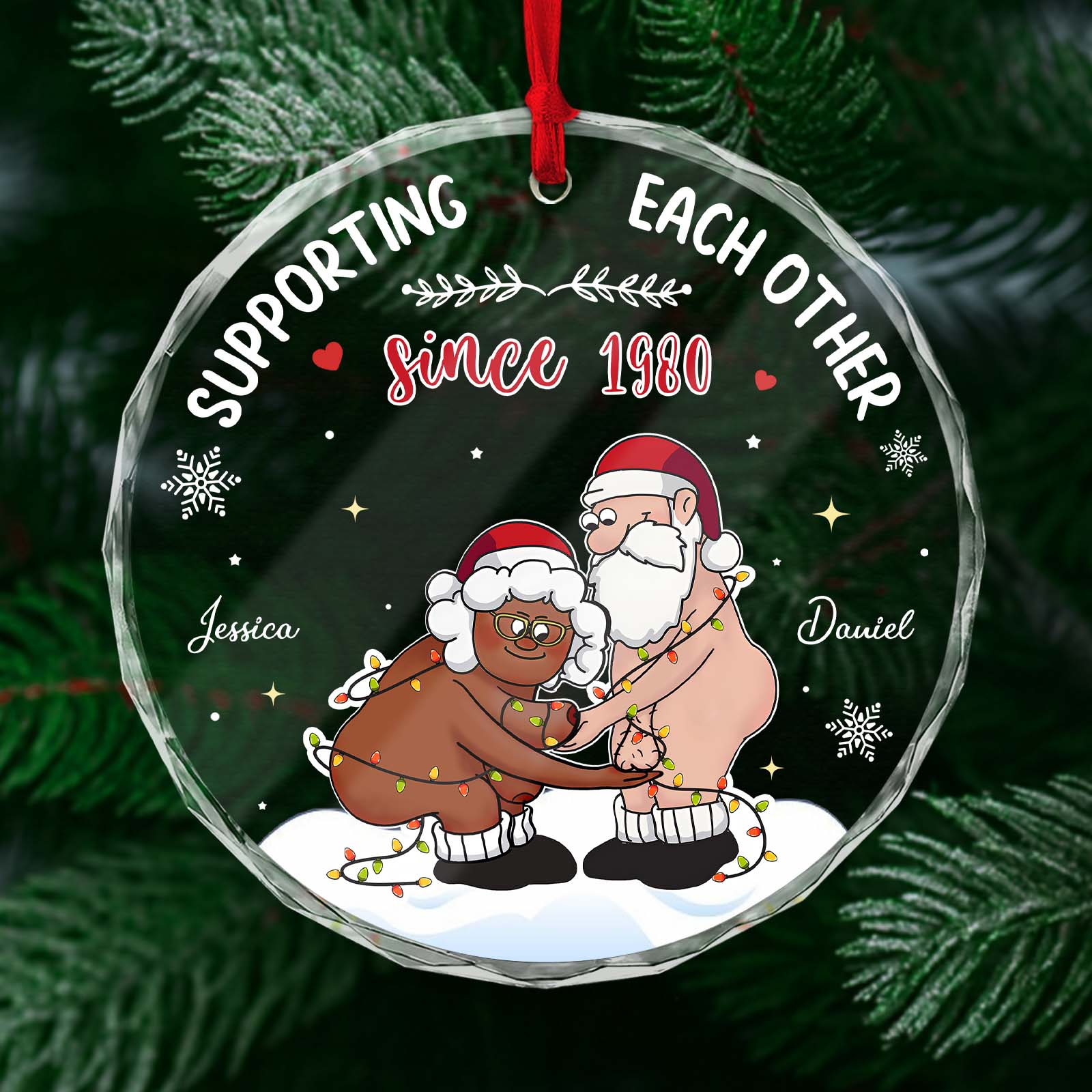 Personalized couple Christmas ornament with playful design featuring festive characters and custom names