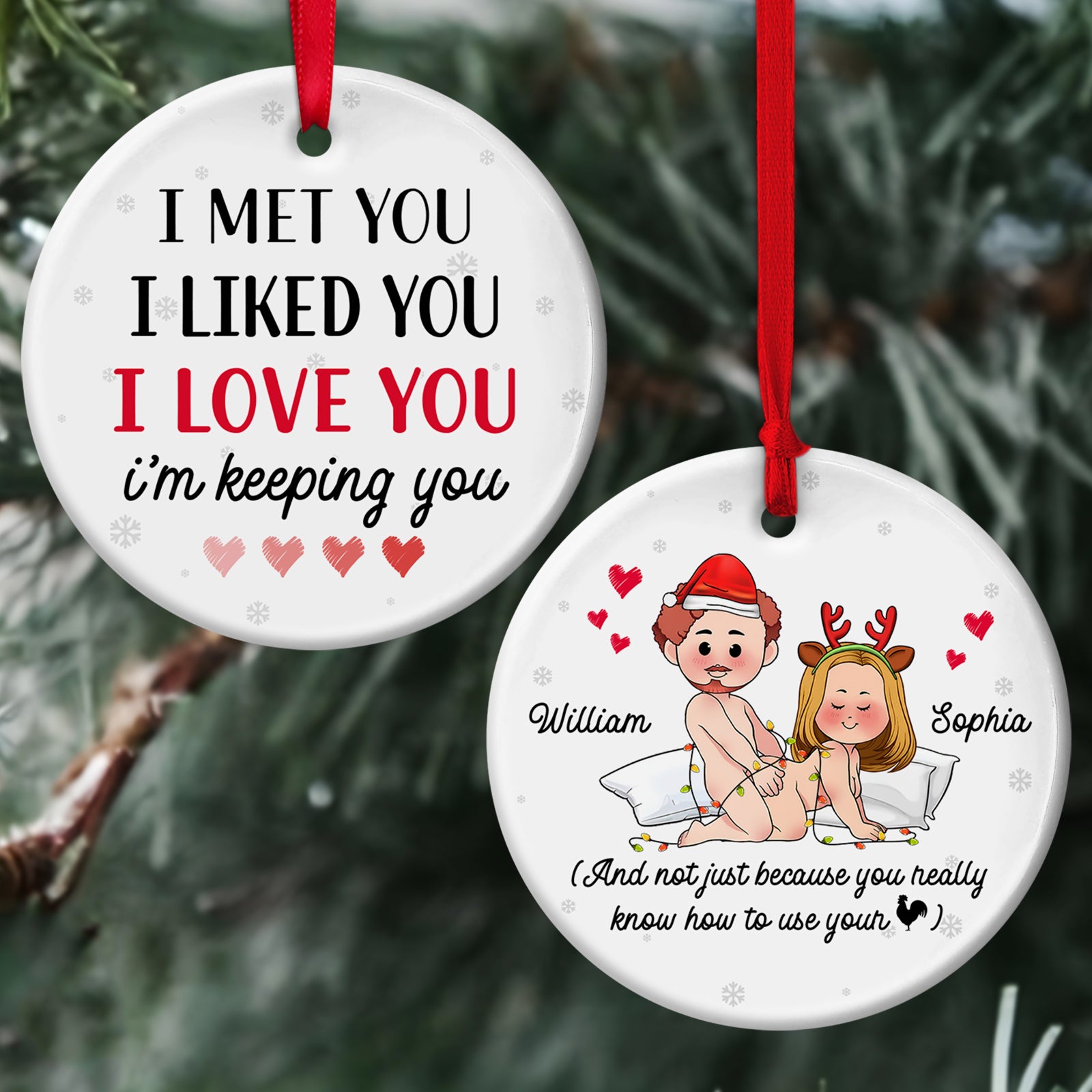 Personalized couple Christmas ornament featuring playful design with names William and Sophia