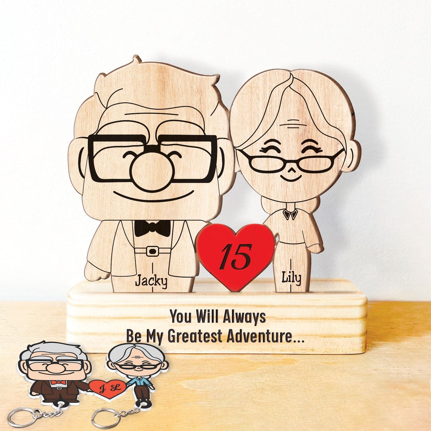 365Gifty personalized couple gift set wooden figurines with red heart and custom names Jacky and Lily