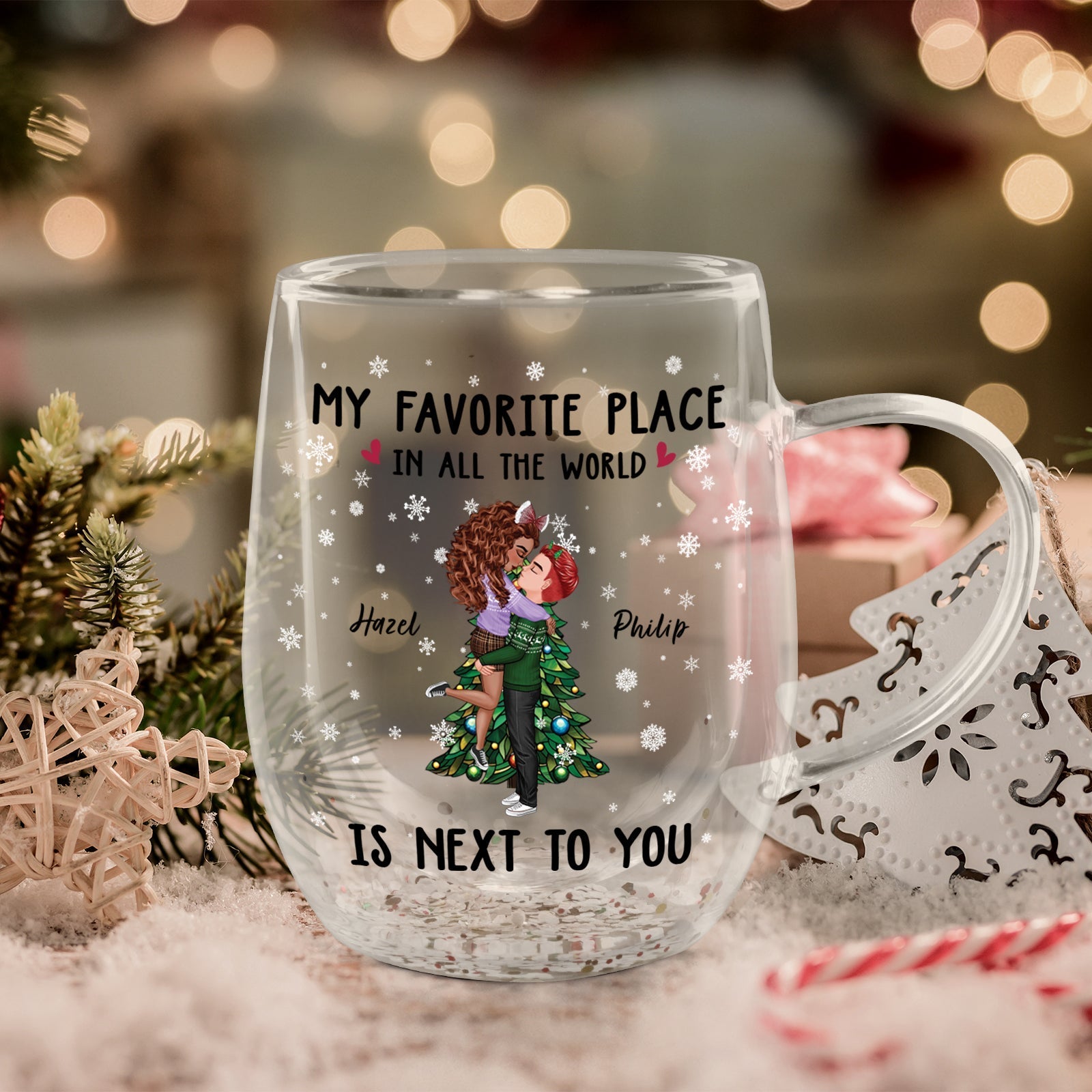 Personalized couple glass mug featuring a romantic design and custom names for a unique gift