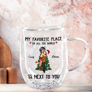 Personalized couple glass mug with a heartfelt design featuring names Lucy and Adam