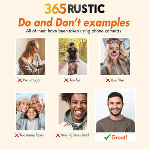 Guide showing do and don't examples for 365 Rustic product photos with personalized couple heart stone