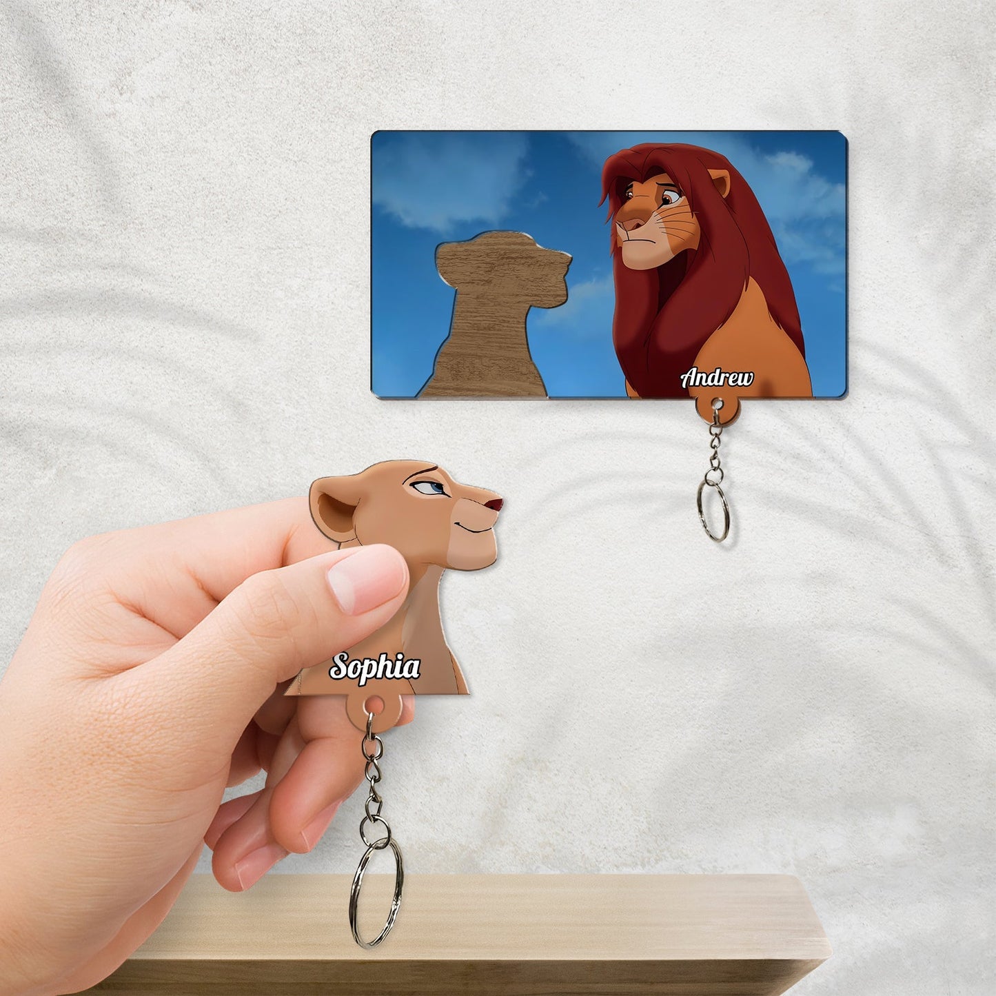Personalized couple key holder featuring Lion King characters with custom names Andrew and Sophia