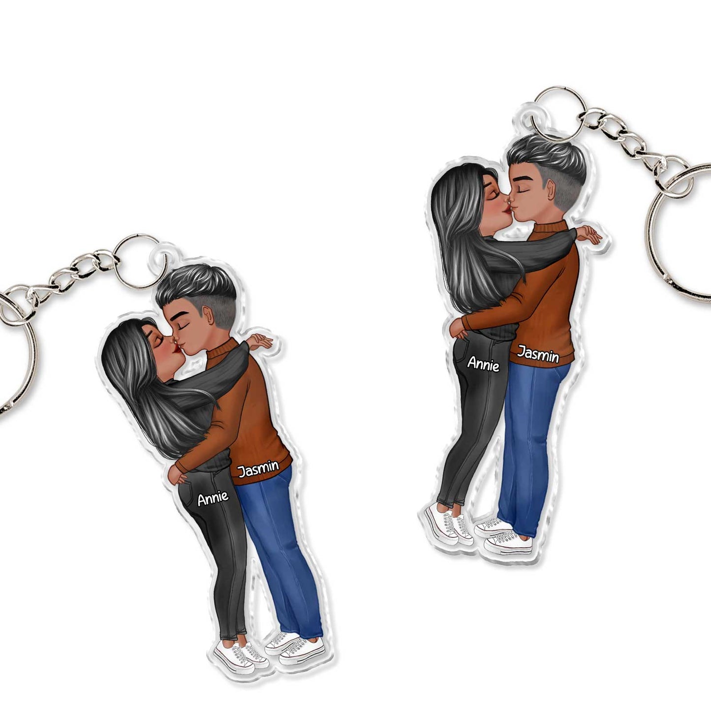 Personalized couple keychain featuring a loving couple with custom names Annie and Jasmin