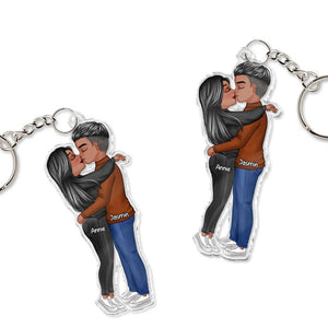 Personalized couple keychain featuring a loving couple with custom names Annie and Jasmin