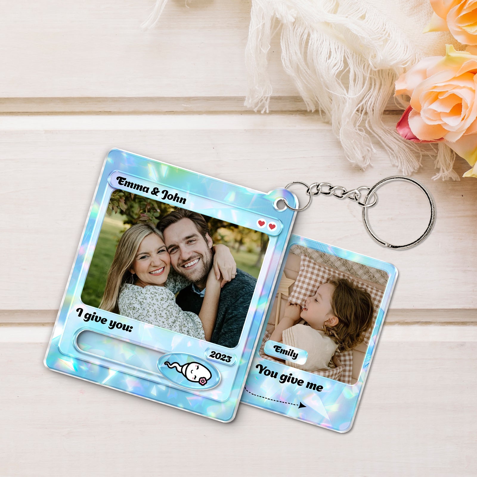 365Gifty personalized couple keychain with two photo frames and custom text for Emma and John