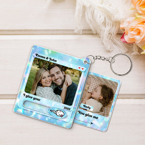 365Gifty personalized couple keychain with two photo frames and custom text for Emma and John