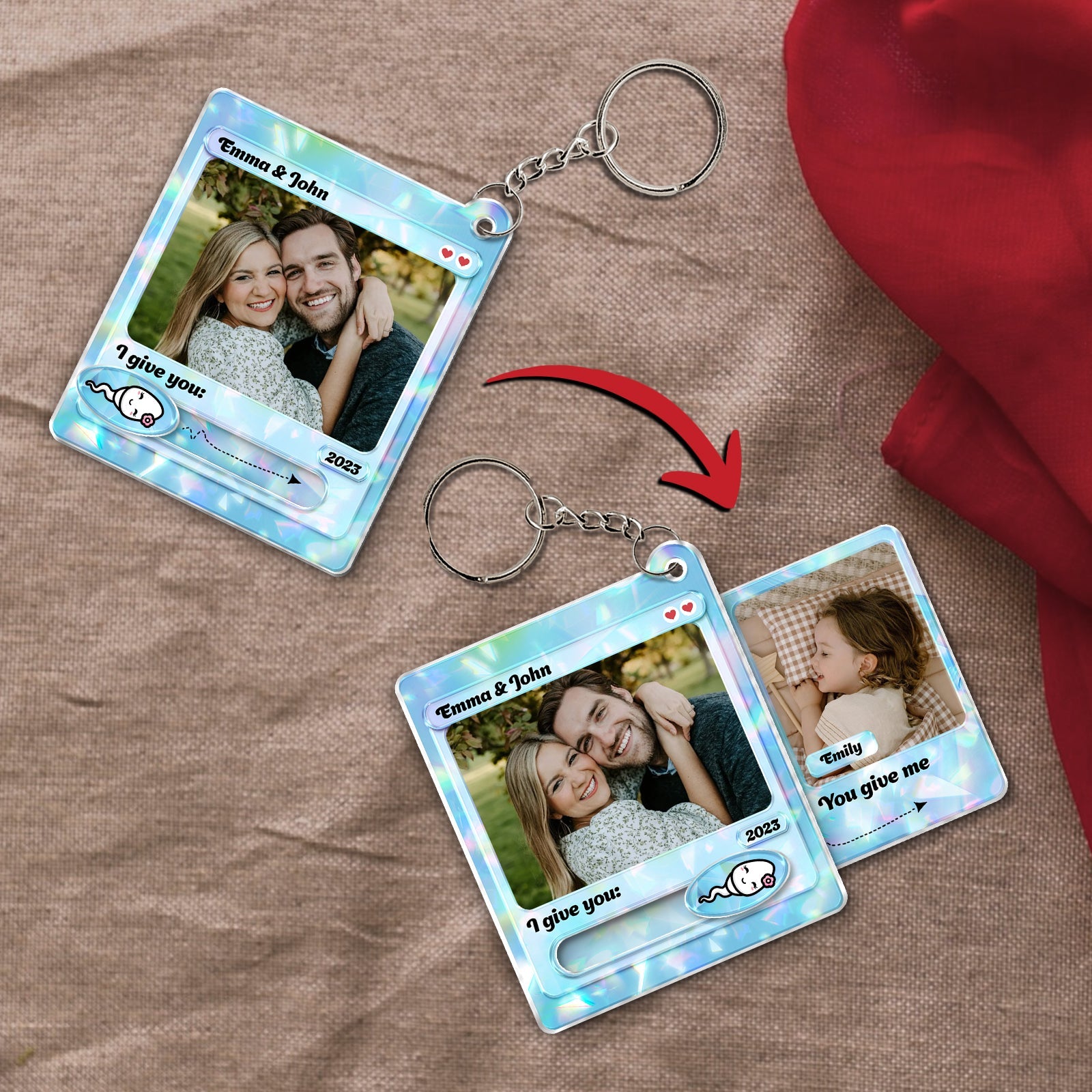 Personalized couple keychain with photo and custom text featuring a couple and a hidden photo inside