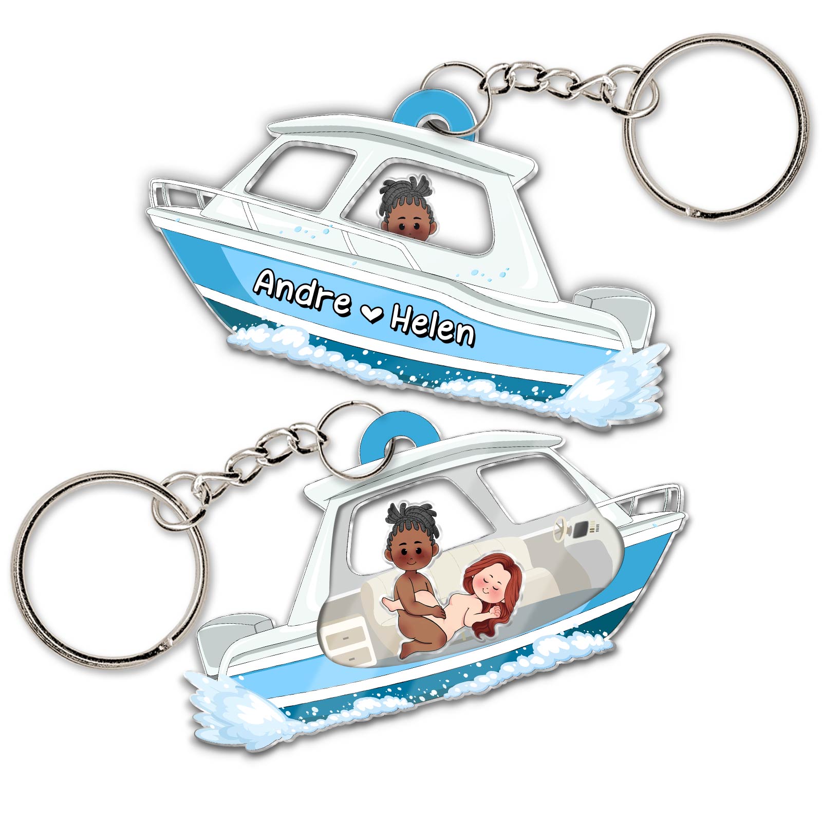 Personalized couple keychain featuring a boat with Andre and Helen for unique gifting