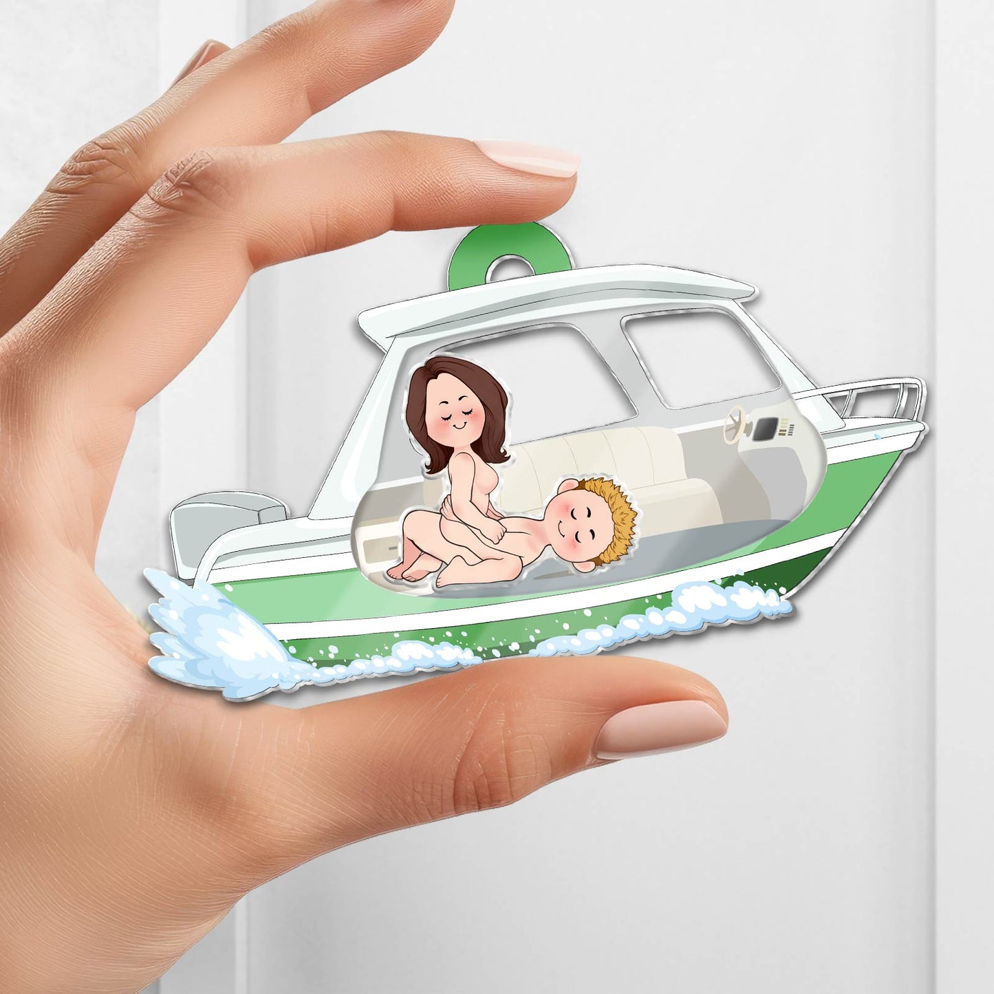 Personalized couple keychain featuring a couple on a boat, perfect for special memories