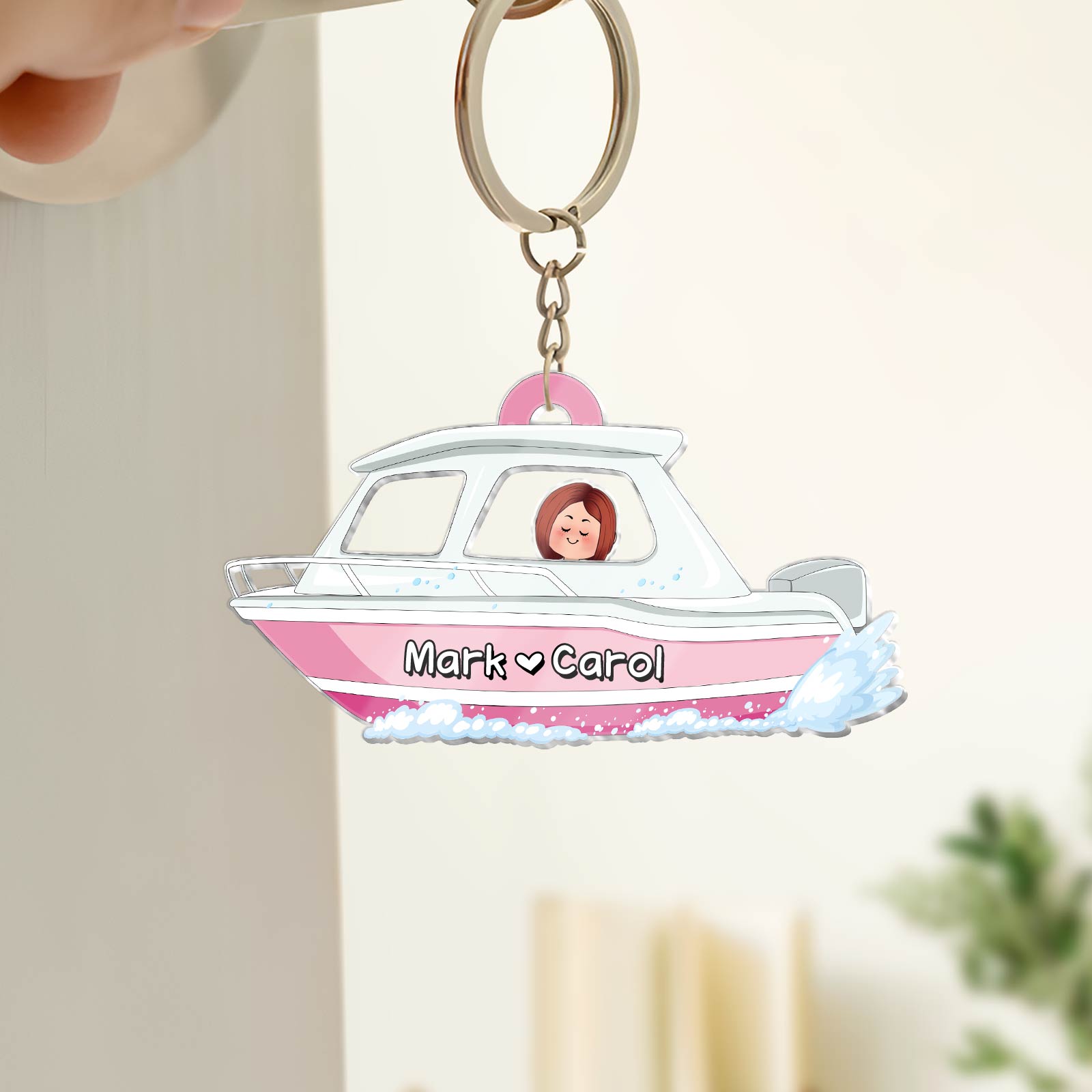 Personalized couple keychain featuring a boat design with names Mark and Carol for unique gifts
