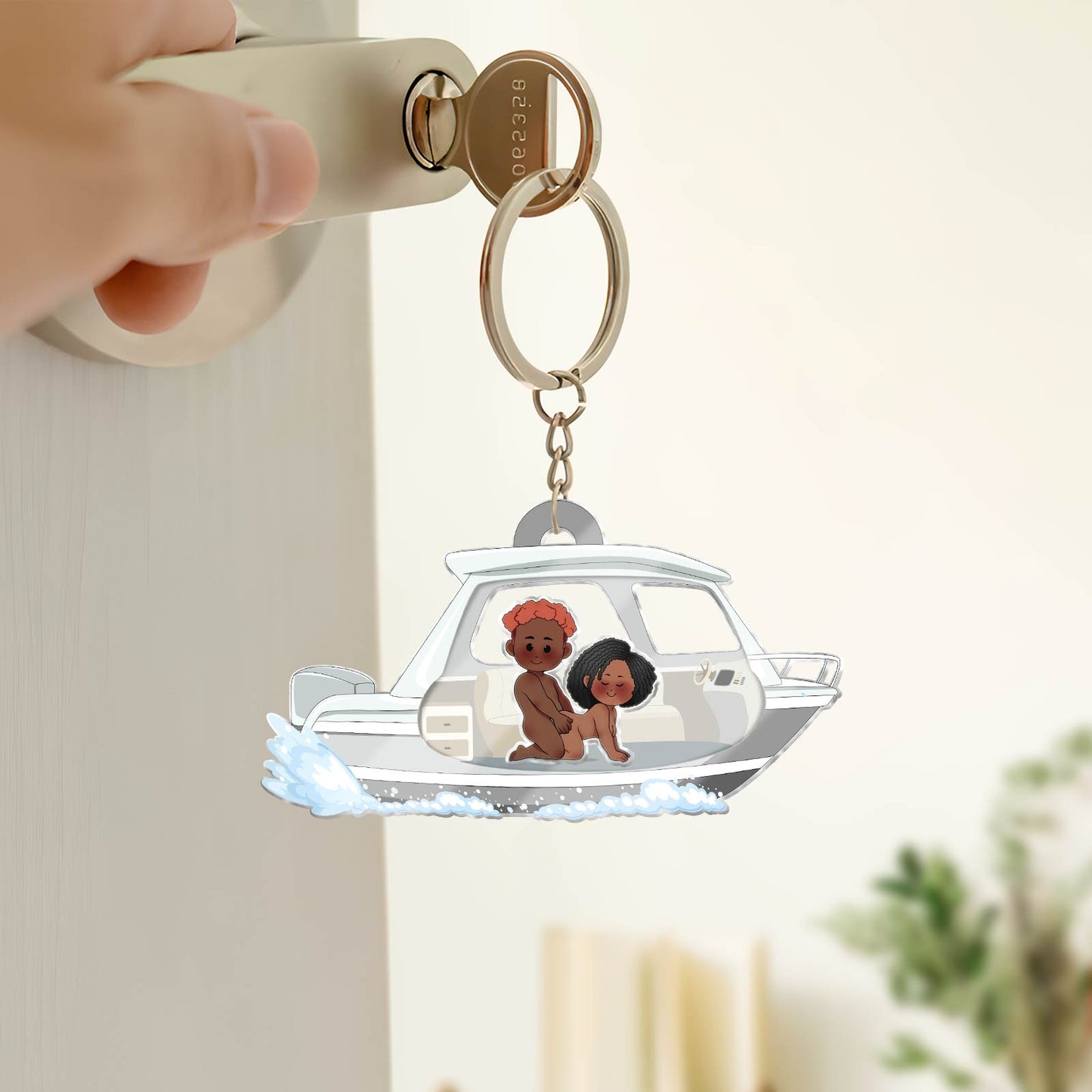 Personalized couple keychain featuring a couple on a boat for a unique gift