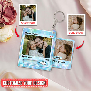 Personalized couple keychain with custom photos and names Emma and John, customizable design