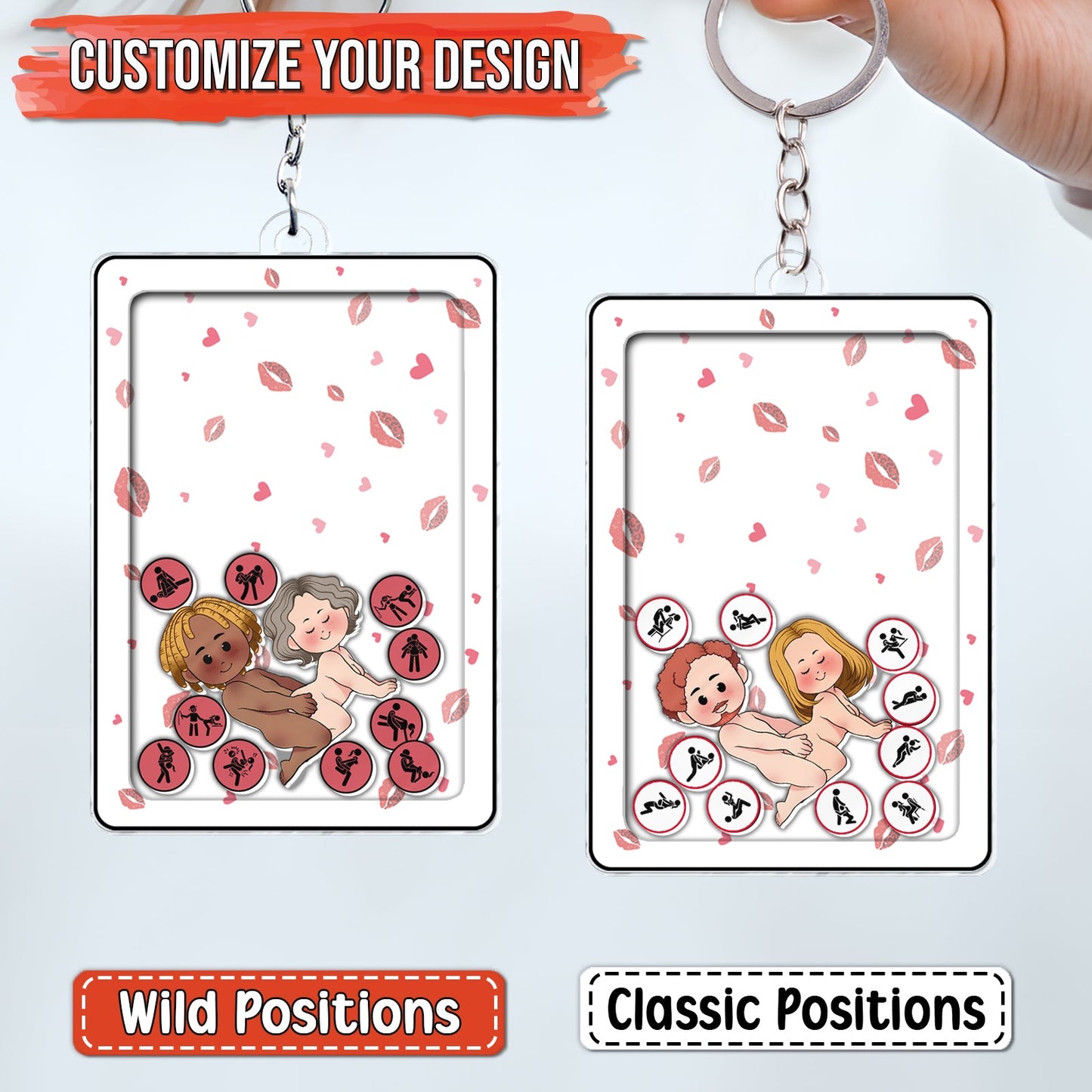 Personalized couple keychain with customizable design showing cartoon couple and different position icons