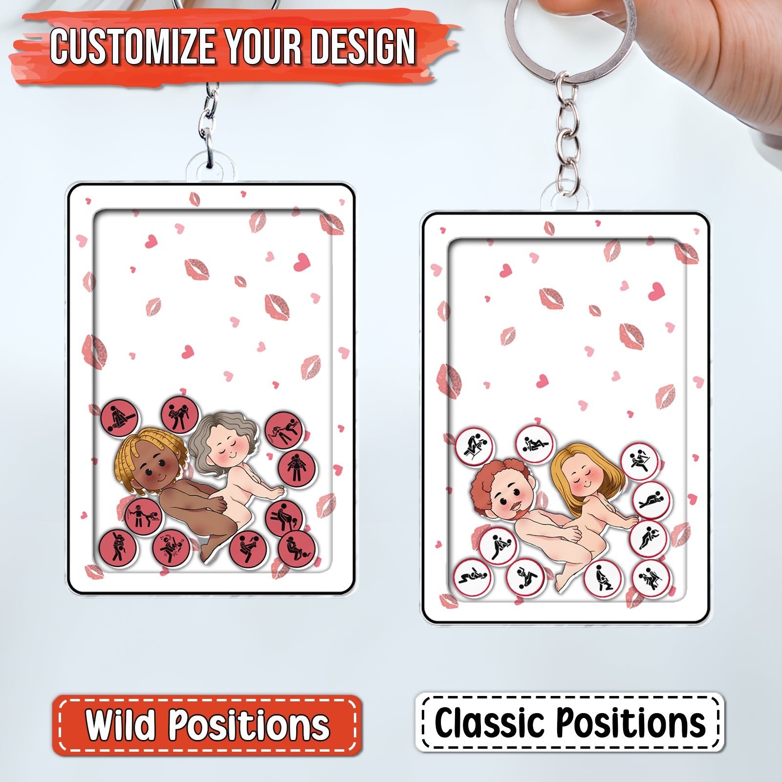 Personalized couple keychain with customizable design showing cartoon couple and different position icons
