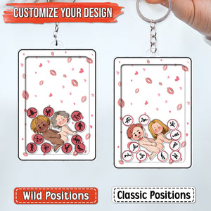 Personalized couple keychain with customizable design showing cartoon couple and different position icons