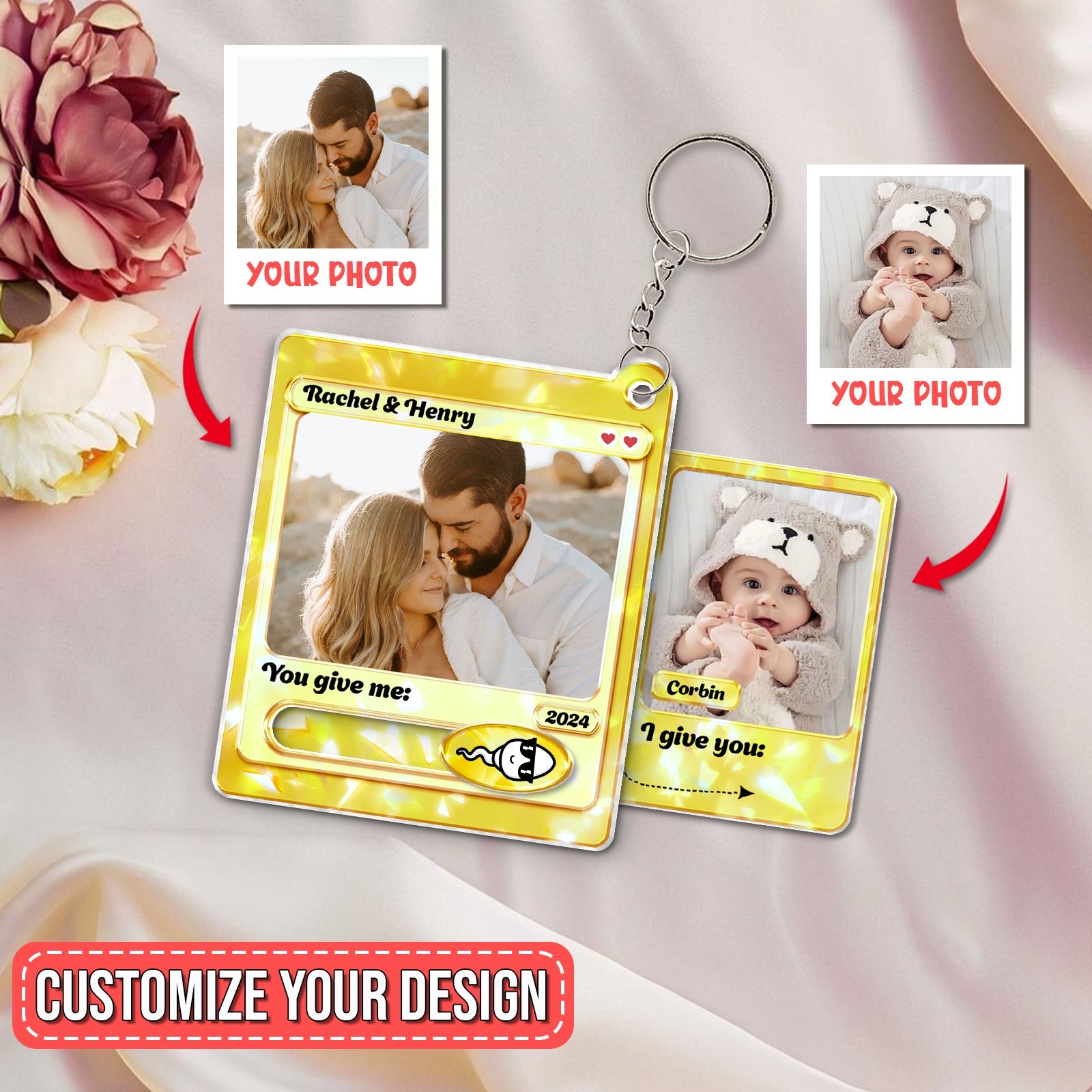 365Gifty personalized couple keychain with customizable photo design featuring a couple and baby