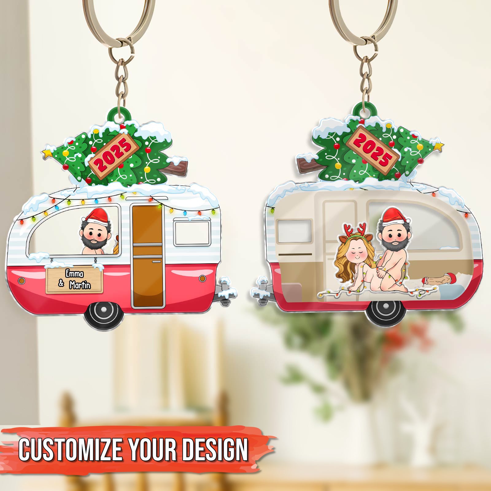 Personalized couple keychain featuring two festive camper designs for custom holiday gifts