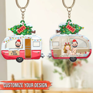 Personalized couple keychain featuring two festive camper designs for custom holiday gifts