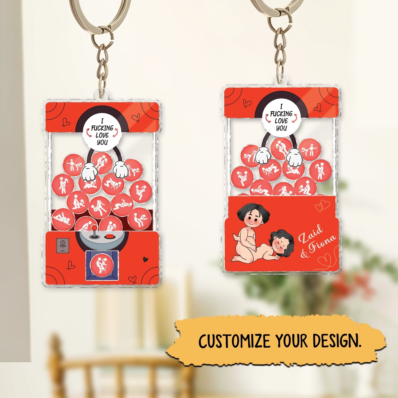 Personalized couple keychain with custom design featuring playful illustrations and heartfelt message