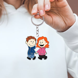 Personalized couple keychain featuring cartoon characters with names David and Mary for a unique gift