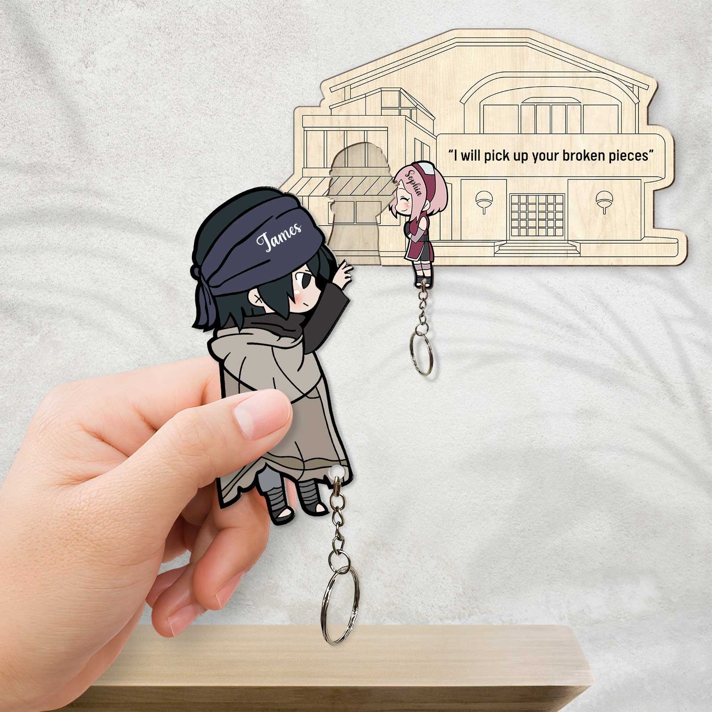 365Gifty personalized couple keychain featuring anime-style characters with house backdrop and custom name engraving