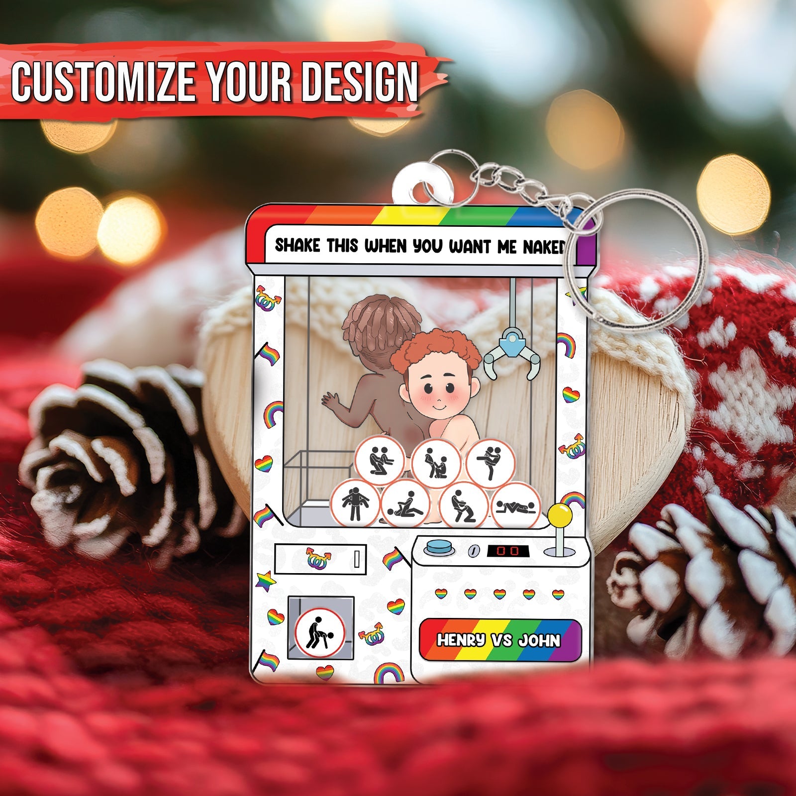 Personalized couple keychain featuring a customizable cartoon design with fun graphics and names