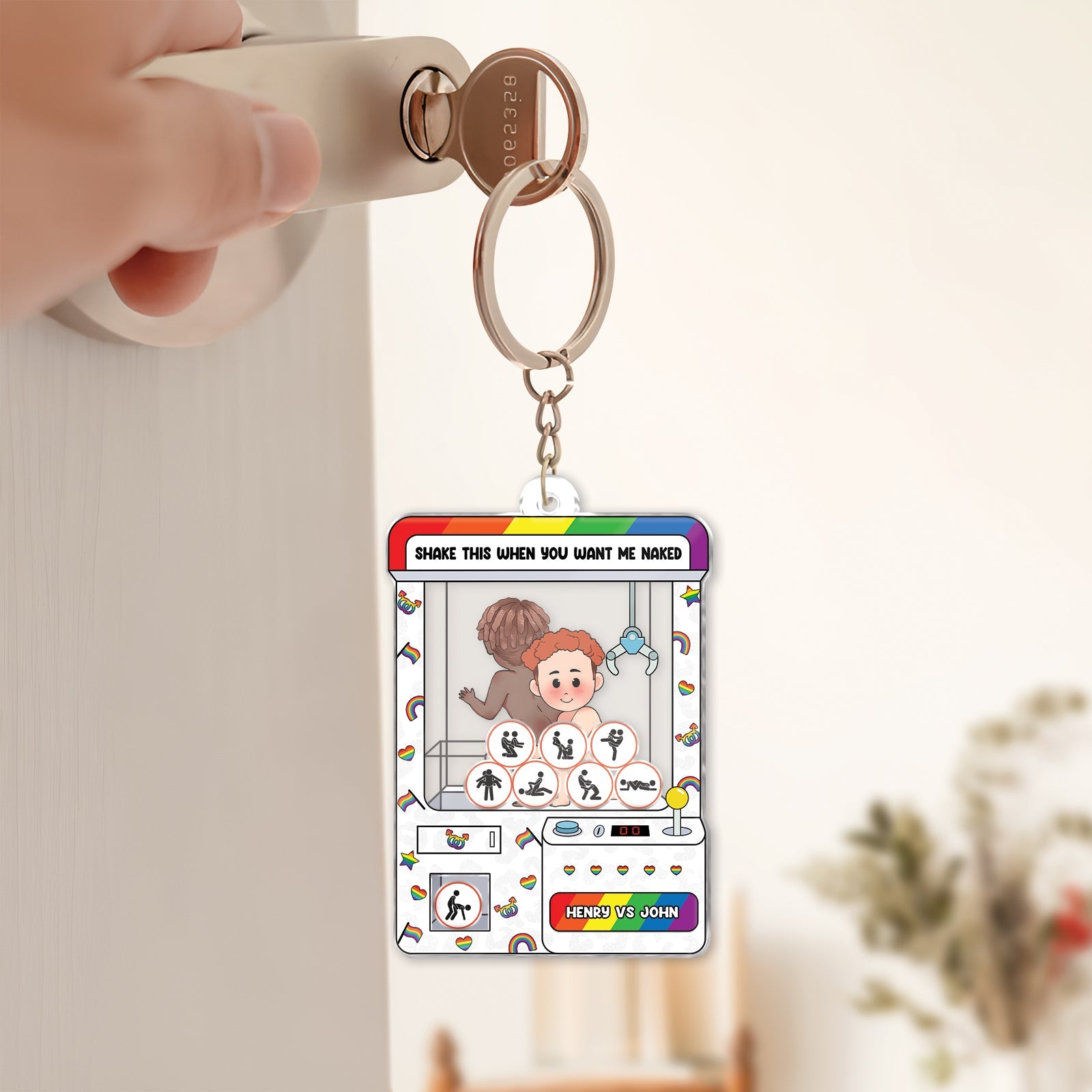 Personalized couple keychain featuring fun illustrations and customizable options for couples