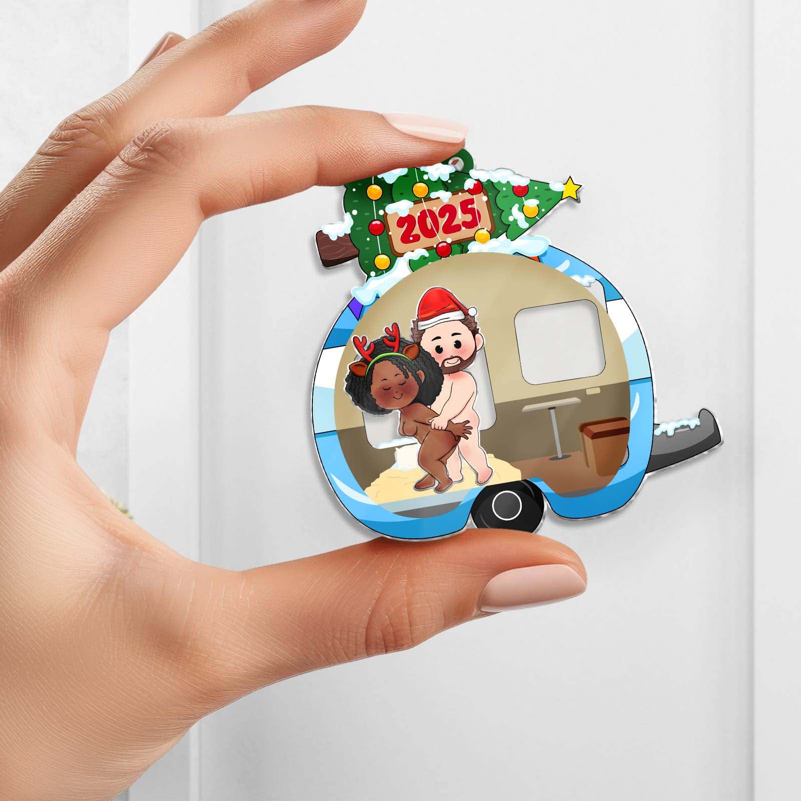 Personalized couple keychain featuring a festive camper with a fun illustration for 2025
