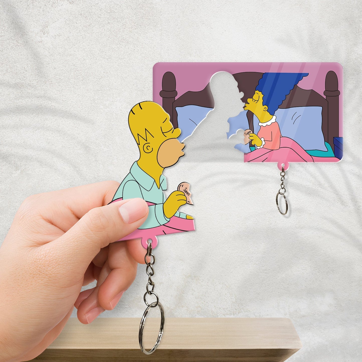 365Gifty personalized couple keychain featuring cartoon couple in bed with puzzle piece design