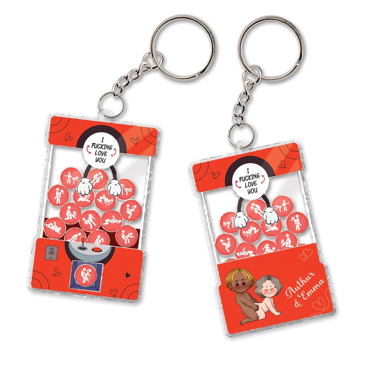 Personalized couple keychain featuring cute characters and loving messages for couples