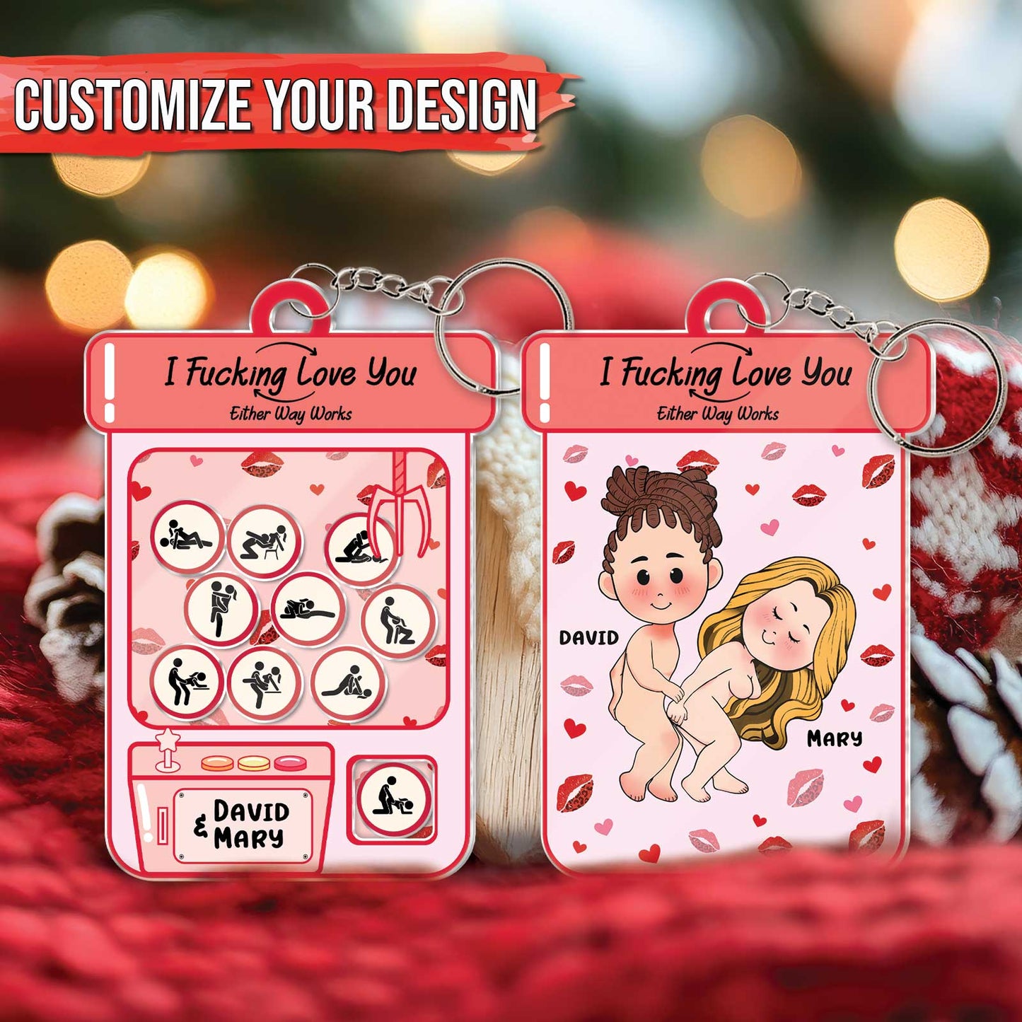 Personalized couple keychain featuring custom illustrations and a heartfelt message for couples